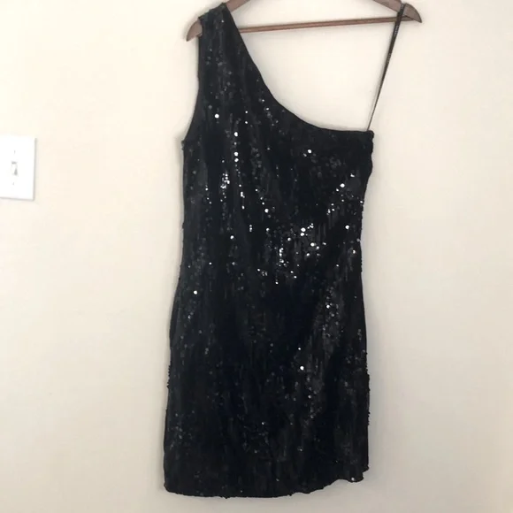 Nicole Miller Elegant Sequined Black midi Dress single shoulder strap size 12 - Picture 5 of 11